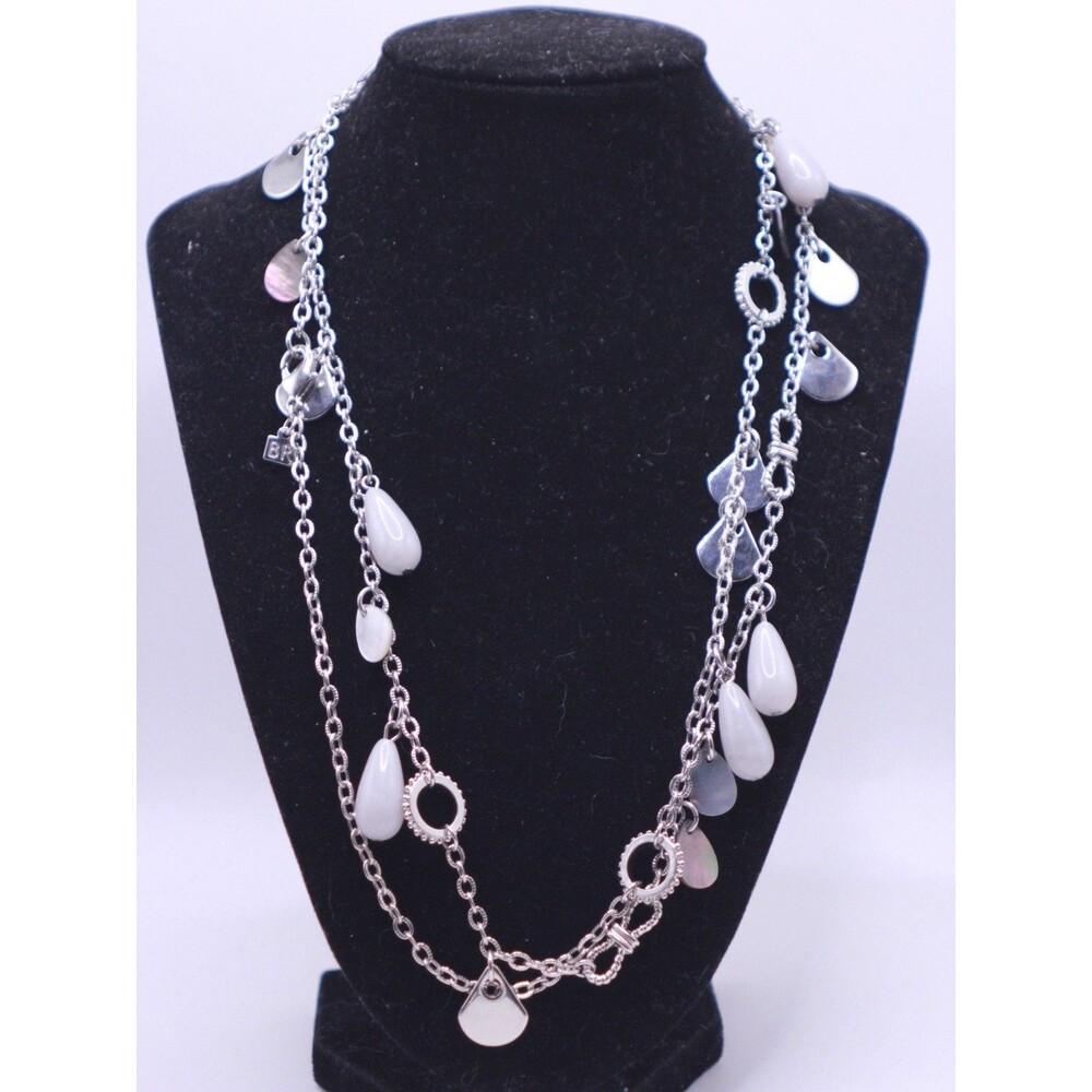 44" Banana Republic BR Gray Lucite/MOP Dangles/Drops Etched Chain Necklace Layer